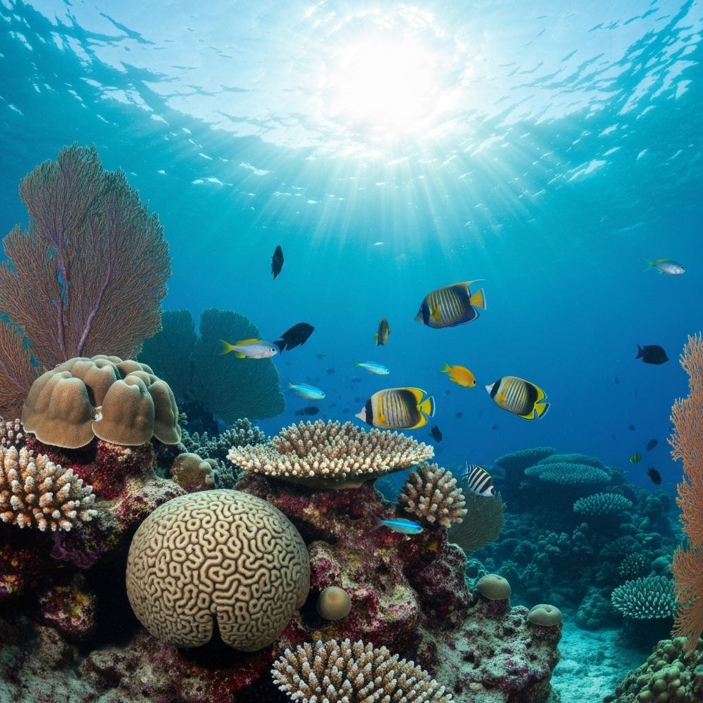 A vibrant underwater coral reef with colorful tropical fish swimming among brain coral and sea fans