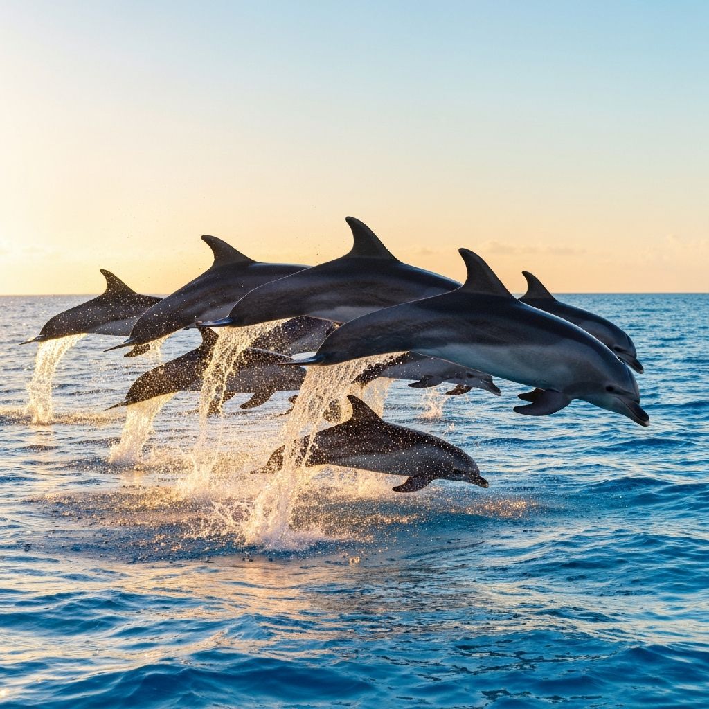 A pod of bottlenose dolphins jumping playfully out of sparkling blue ocean water at sunset