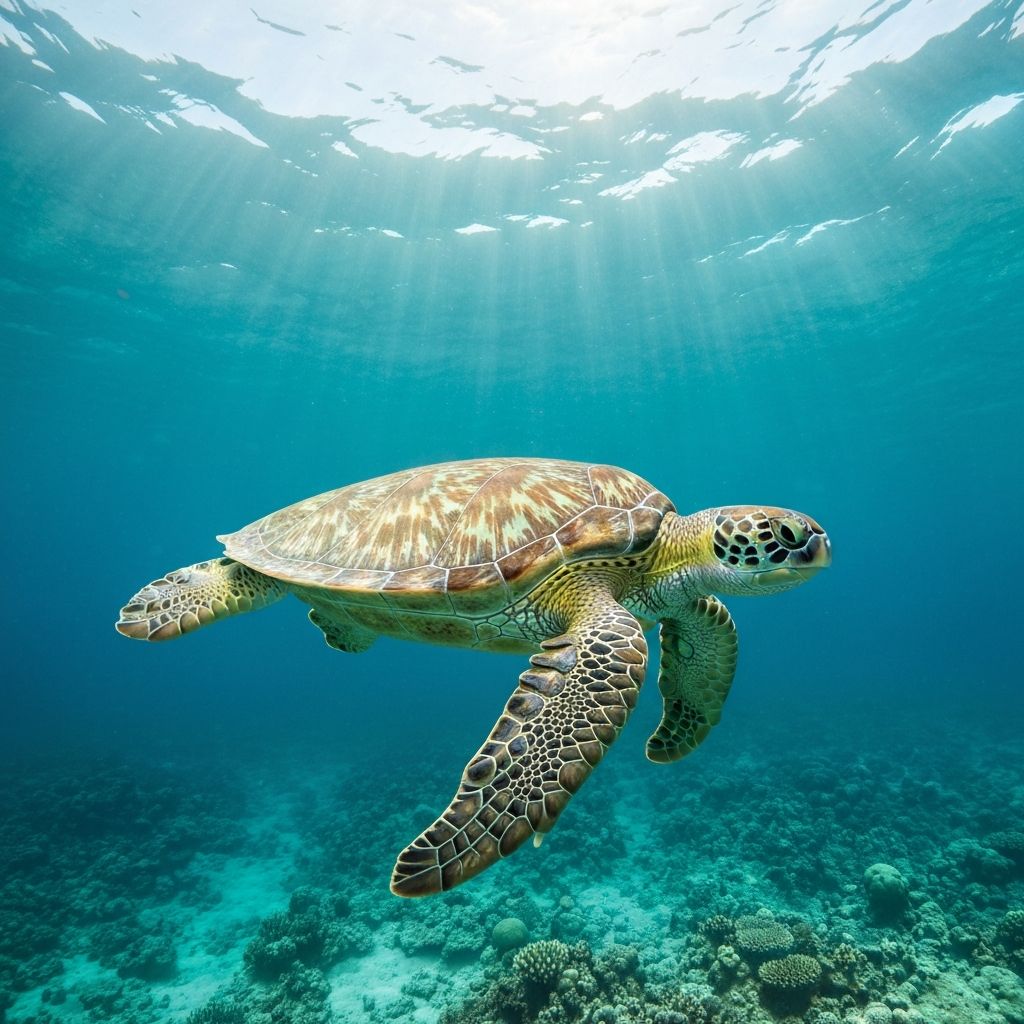 A green sea turtle swimming gracefully through clear ocean water with sunlight creating patterns on its shell
